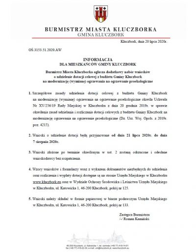 Burmistrz Miasta Kluczborka ogłasza dodatkowy nabór...